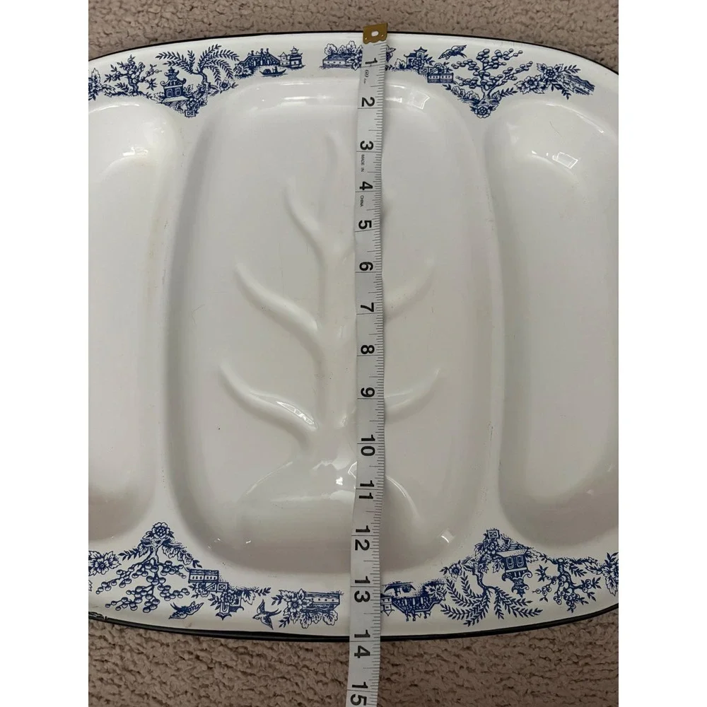 Vintage Blue Willow Enamelware Divided Meat Platter Tree and Well 18 Inch Tray